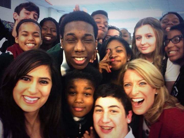 A selfie of students with Jamie Orchard at Riverdale High School in Pierrefonds, students and staff use the LOVE program to help fight violence and intimidation in the hallways.