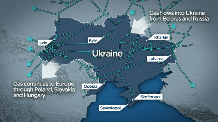 A map of pipelines pumping gas and oil through Ukraine on to Western European markets.