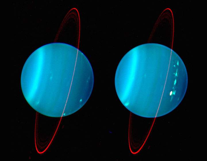 An infrared composite image of the two hemispheres of Uranus obtained with Keck telescope at near-infrared. Uranus has the odd distinction of being the solar system’s only sideways planet. In this image, the north pole is at 4 o’clock.