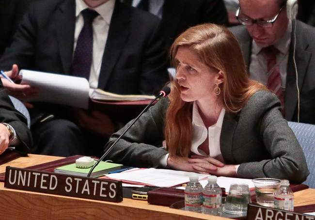 U.S. Ambassador to the United Nations Samantha Power speaks during a meeting of the U.N. Security Council on Ukraine, Monday March 3, 2014, at U.N. headquarters.