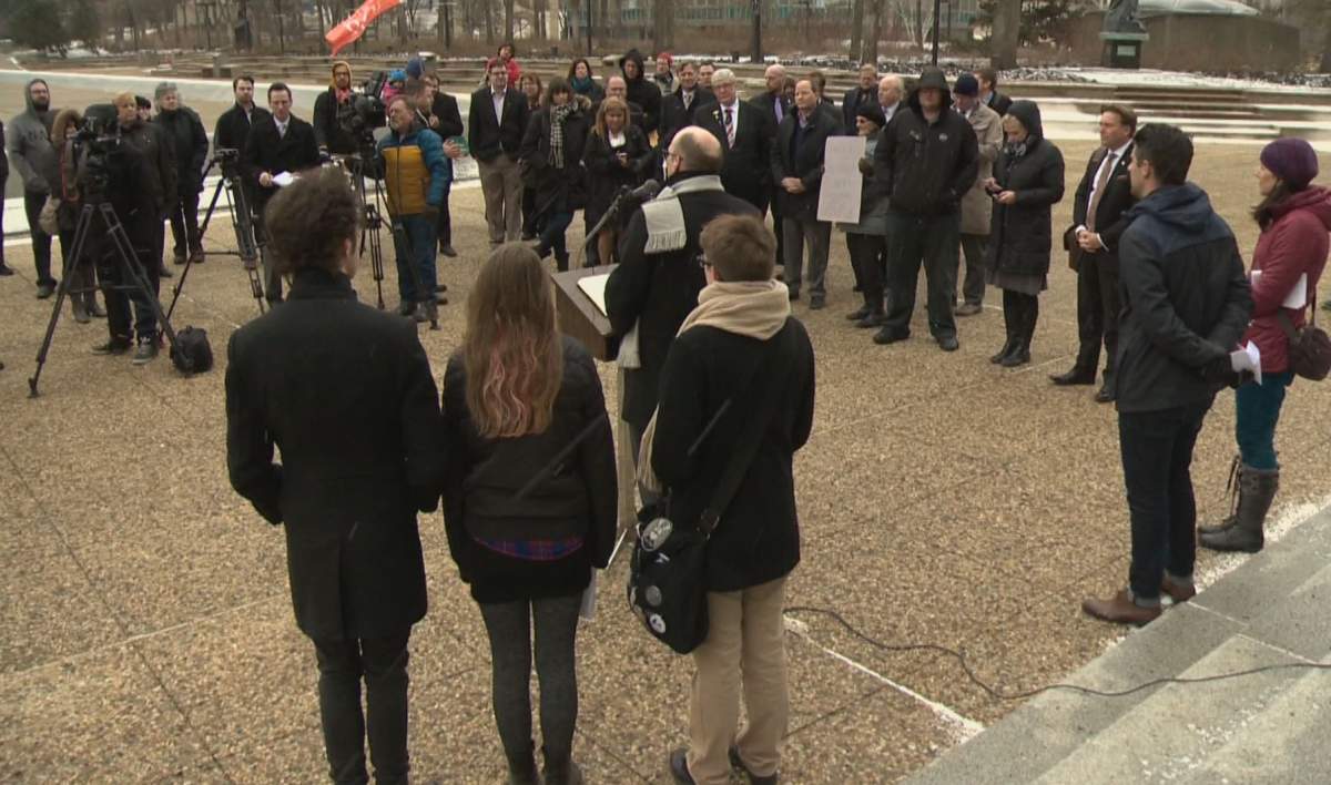 Dozens rally for Gay-Straight Alliance legislation outside the Alberta Legislature on Thursday, April 17, 2014.