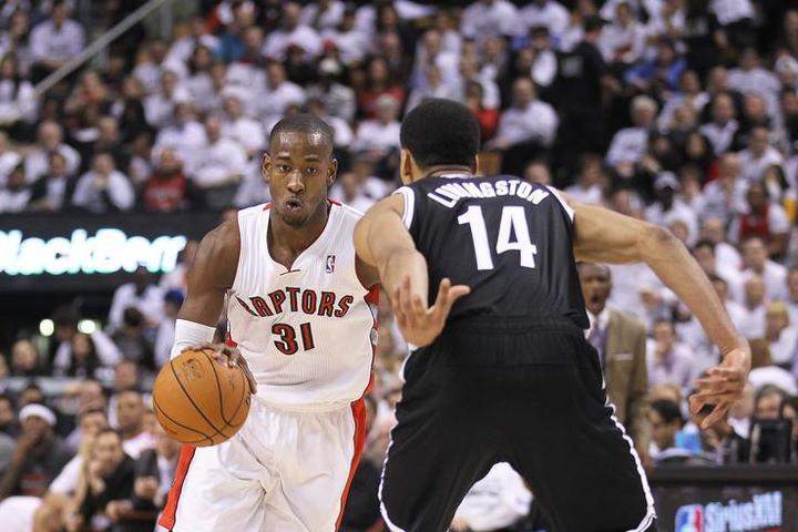 Terrence Ross #31 of the Toronto Raptors drives against Shaun Livingston #14 of the Brooklyn Nets in Game Two of the NBA Eastern Conference Quarterfinals