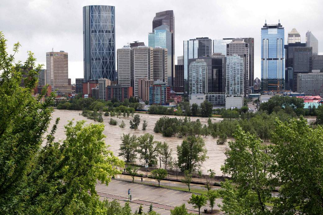 A high view shows the flooding at Bow River where water covered an island next to the downtown core, in Calgary, Alberta, June 22, 2013.