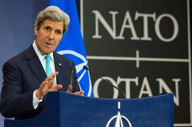 U.S. Secretary of State John Kerry speaks during a news conference at NATO Headquarters in Brussels Tuesday April 1, 2014.