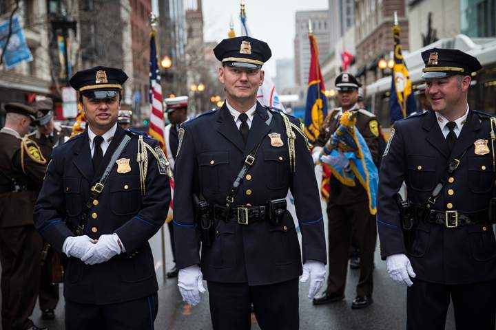 Members of the Boston Police Department practice marching prior to a wreath laying ceremony to commemorate the one year anniversary of the 2013 Boston Marathon Bombing, on April 15, 2014 in Boston, Massachusetts.