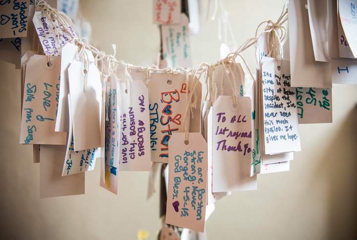Hand written messages are displayed in an exhibit titled, ‘Dear Boston: Messages from the Marathon Memorial’ in the Boston Public Library to commemorate the 2013 Boston Maraton bombings, on April 14, 2014 in Boston, Massachusetts.