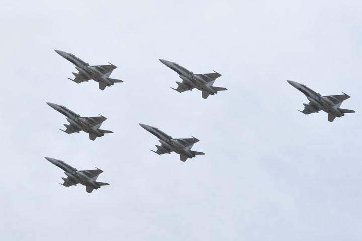 The CF-18 fighter jets leaving Bagotville, Quebec for Europe on April 29, 2014 to aid in the Ukraine crisis.