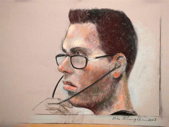 Luka Magnotta is shown in an artist's sketch in a Montreal court on March 13, 2013.