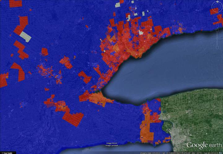 A look at the results from the 2011 election. Blue denotes Conservative, Red denotes Liberal and Orange denotes NDP riding victories