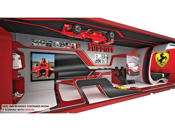 A Ferrari-sponsored container room could look something like this in the jenga-like hotel.