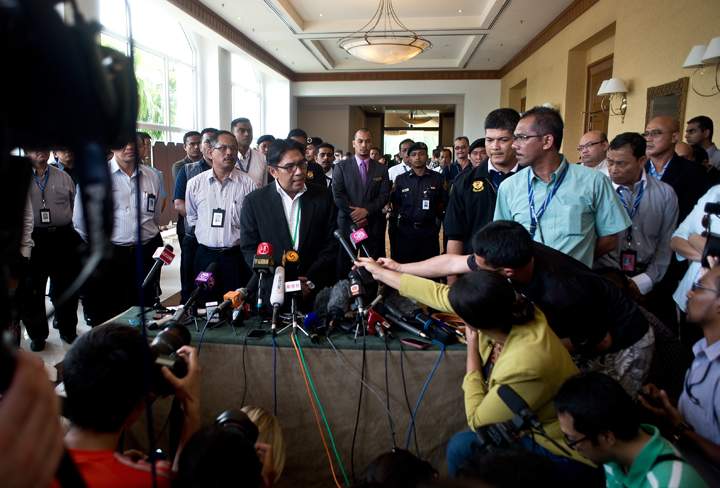 Director general of Malaysia’s Civil Aviation Department (DCA), Azharuddin Abdul Rahman addresses the media after the meeting with relatives of passengers.