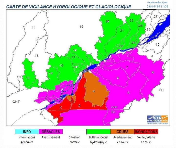 A map published by Hydro Météo showing the current flood situation in Quebec as of April 8, 2014.