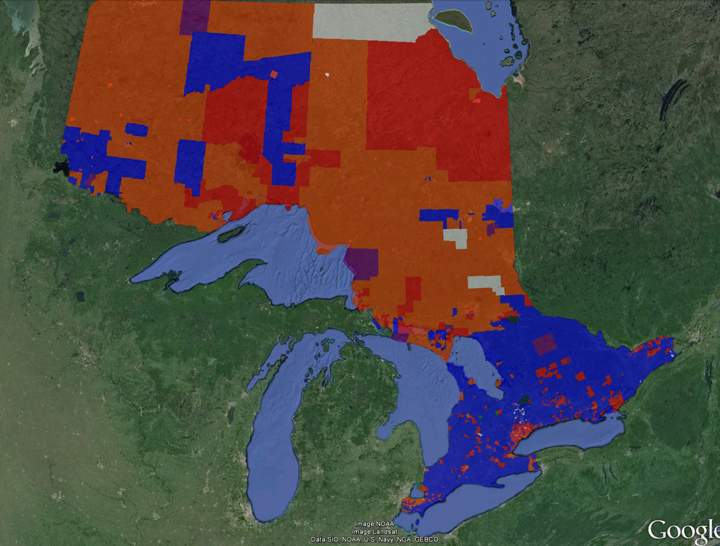 A look at the results from the 2011 election. Blue denotes Conservative, Red denotes Liberal and Orange denotes NDP riding victories