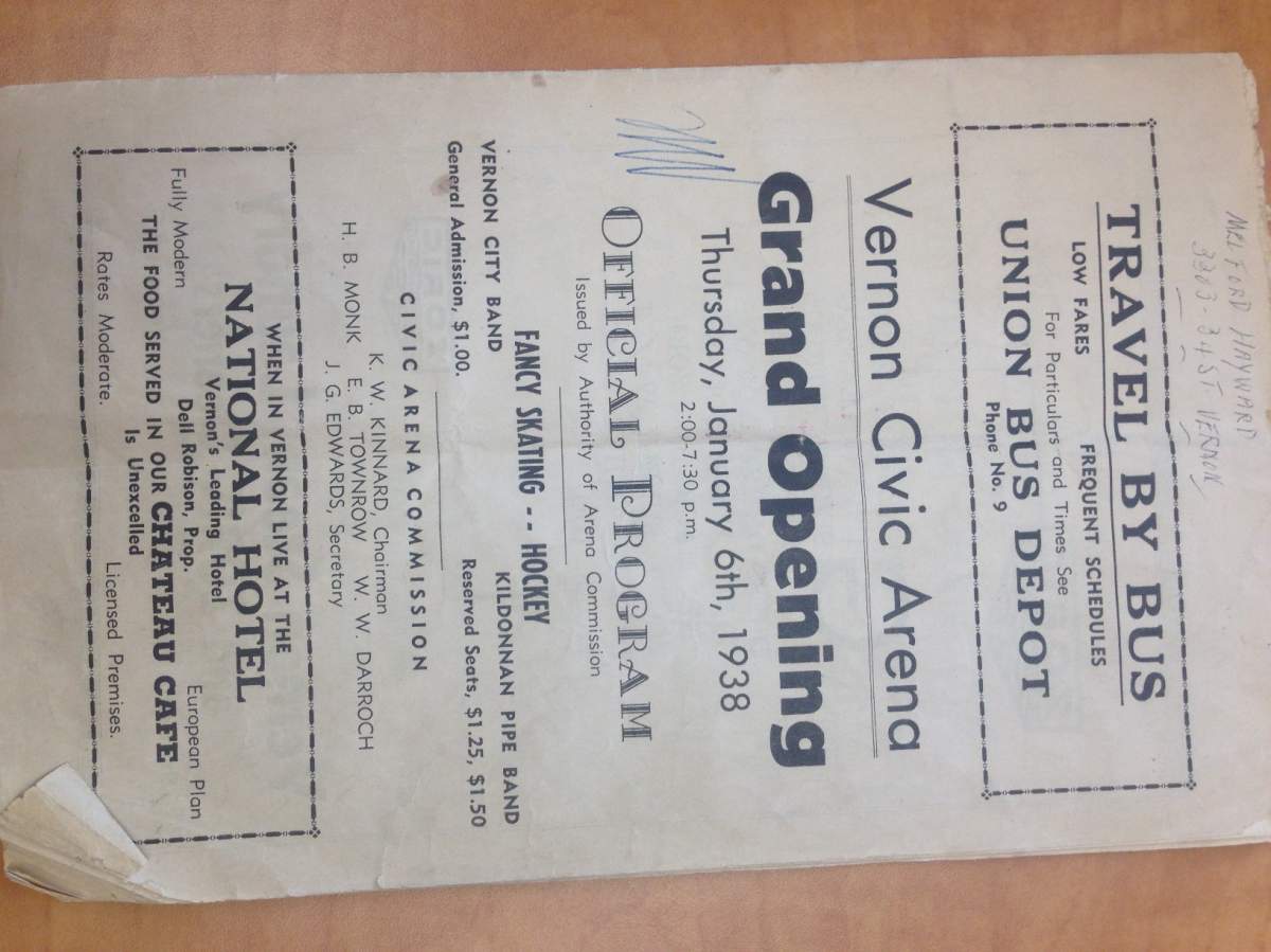 An original 'Official Program' from the opening day of the Vernon Civic Arena, dated January 6th, 1938.
