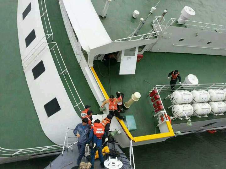 In this handout image provided by the Republic of Korea Coast Guard, passengers are rescued by the Republic of Korea Coast Guard.