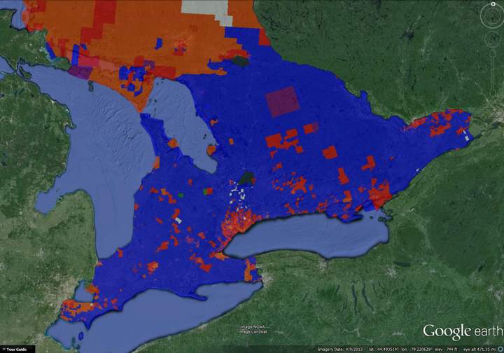 A look at the results from the 2011 election. Blue denotes Conservative, Red denotes Liberal and Orange denotes NDP riding victories