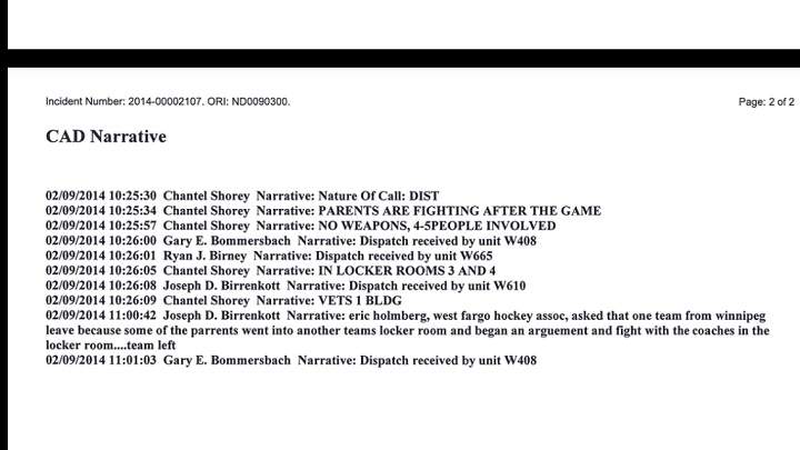 Police report filed the night of violent incident at a hockey game at Fargo, ND where two Winnipeg teams were playing and two parents eventually suspended