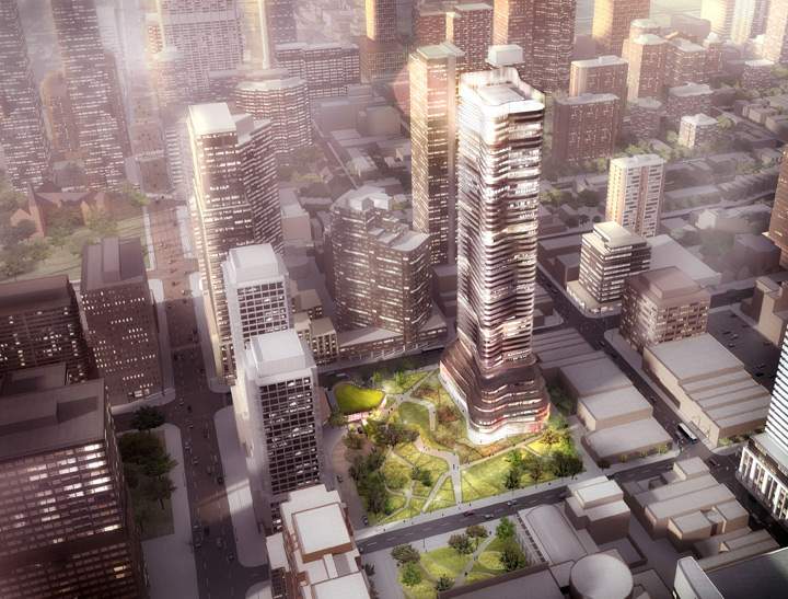 An artist rendering of the development proposal for 11 Wellesley in Toronto.