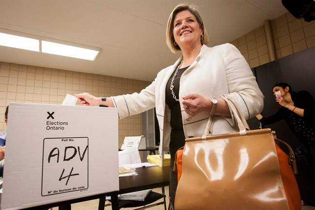 Ontario NDP Leader Andrea Horwath casts her ballot during an advanced poll at Big Brothers Big Sisters in Hamilton, Ont., Saturday, May 31, 2014.
