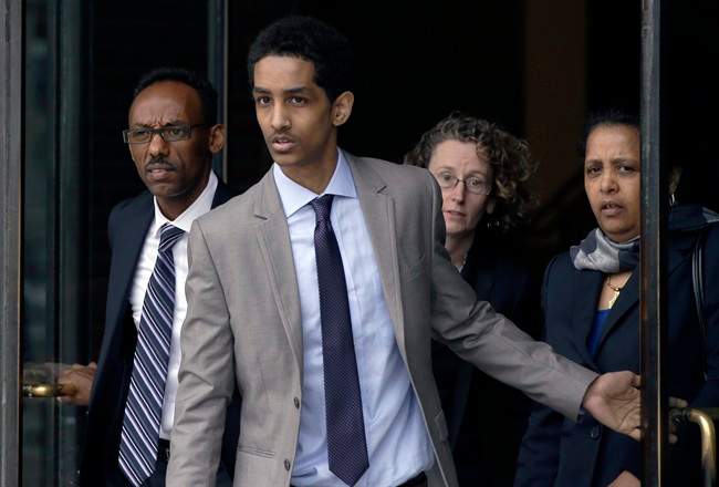 Robel Phillipos, a college friend of Boston Marathon bombing suspect Dzhokhar Tsarnaev, leaves federal court after a hearing Tuesday, May 13, 2014, in Boston. 