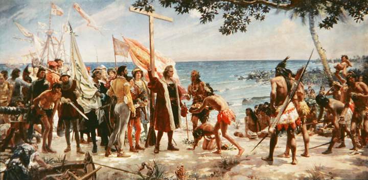 An undated painting shows Christopher Columbus arriving at one of the Caribbean islands on his voyage of discovery from the Naval Museum in Madrid, seen on May 19, 2006.