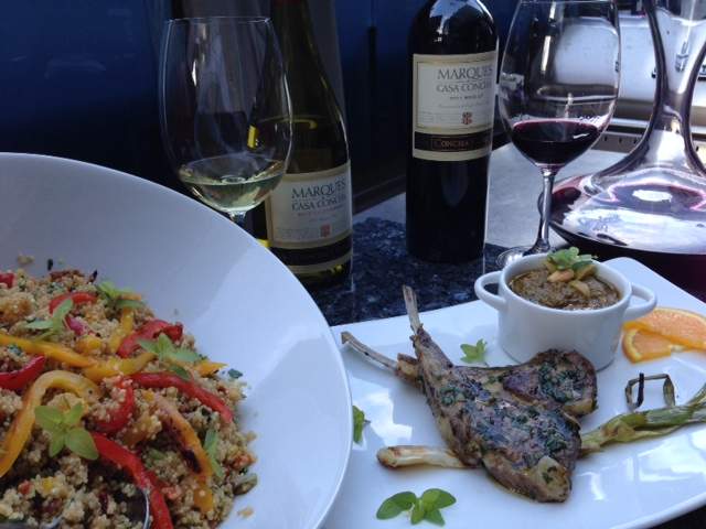 Lamb chops with almond, green olive and mint pesto.