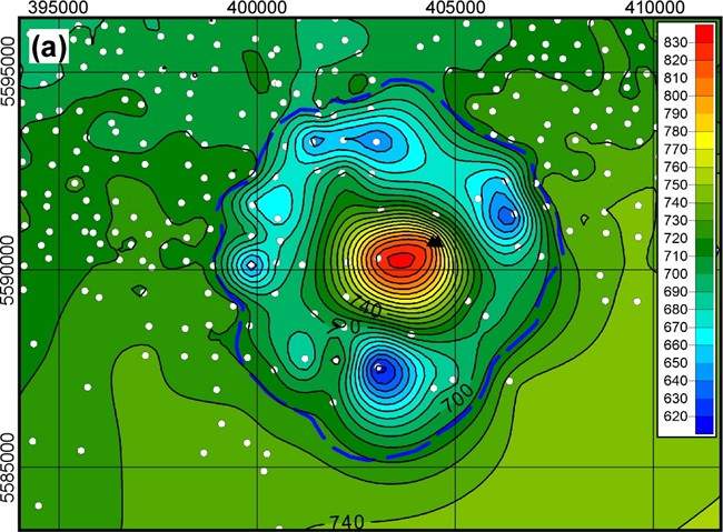 A map of the underground layers of earth that outline the shape of a meteorite crater found in Alberta.
