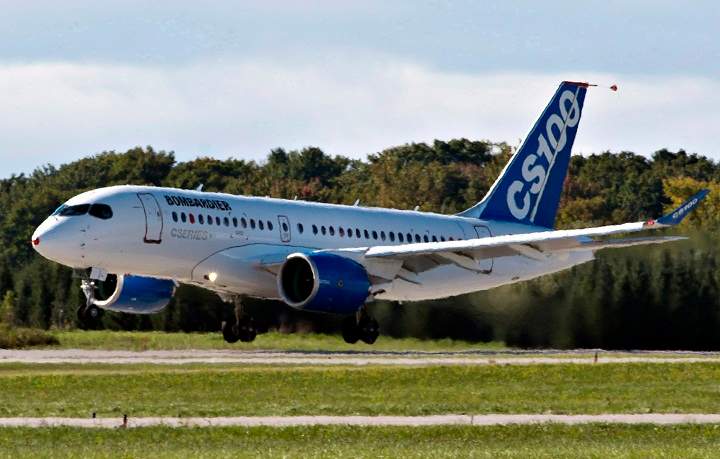 Bombardier's C-Series100 takes off on its maiden test flight at the company's facility Monday, September 16, 2013 in Mirabel, Que.