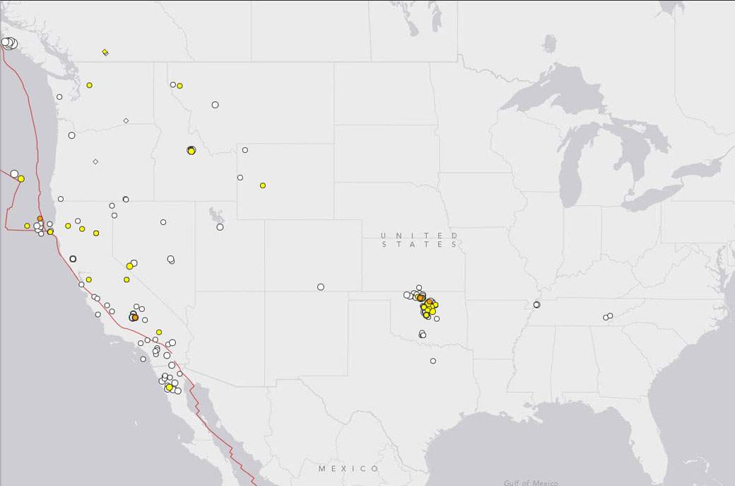 A map illustrating the cluster of earthquakes in Oklahoma from the past 30 days, ending May 6, 2014. Few earthquakes typically occur west of the Rockies.