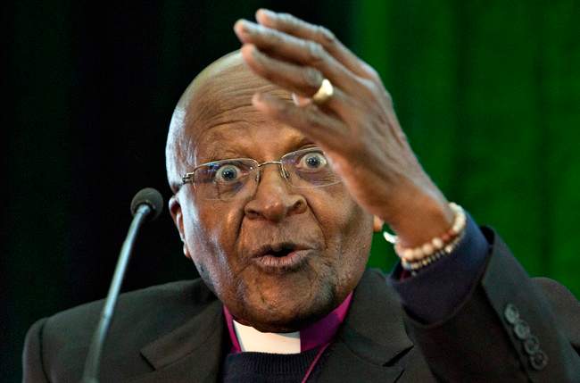 Archbishop Desmond Tutu gives the keynote address during the conference, As Long as the Rivers Flow: Coming Back to the Treaty Relationship in Our Time, in Fort McMurray, Alta. on Saturday May 31, 2014. 