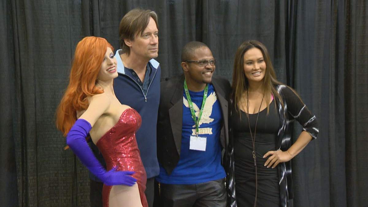Kay Pike, Kevin Sorbo, IronE Singleton, and Tia Careere pose for a photo at Fan Expo Regina on Saturday.