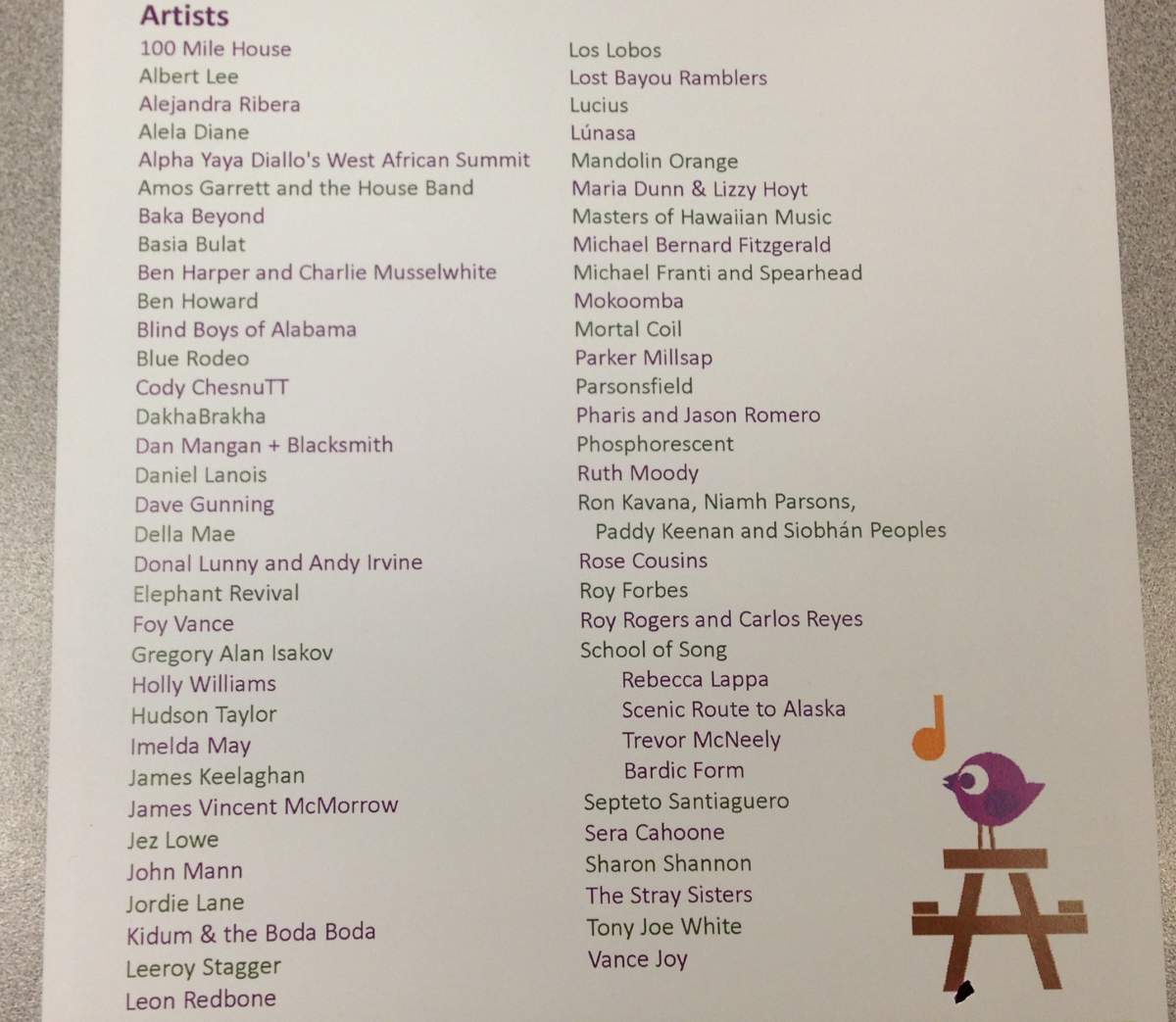 Edmonton Folk Music Festival lineup.