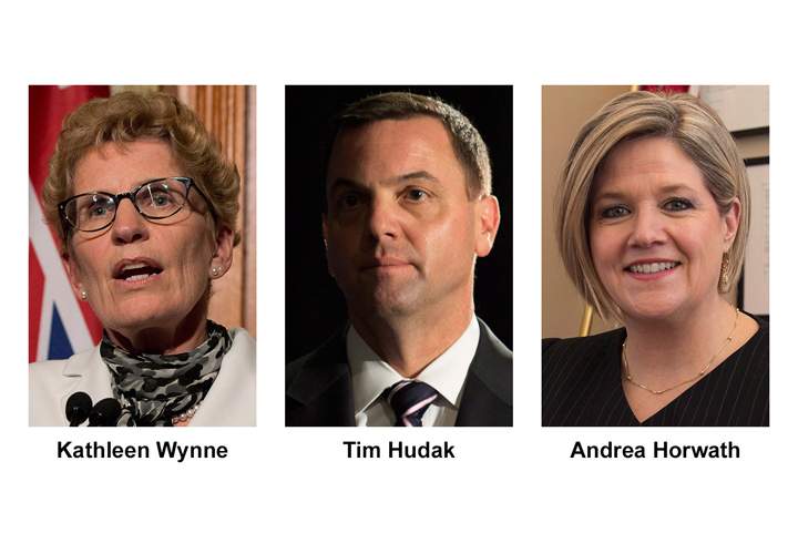 Ontario party leader, from left, Liberal Kathleen Wynne, Conservative Tim Hudak and NDP Andrea Horwath, are shown in recent photos.