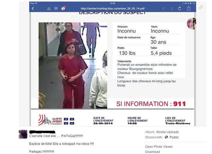 An appeal made via Facebook for friends to share Amber Alert for kidnapped baby on May 26, 2014.