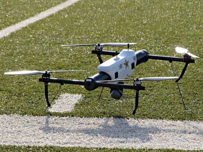 In this May 14, 2013 file photo, one of several small drones designed for use by law enforcement and first responders is shown at University of North Dakota in Grand Forks, N.D.