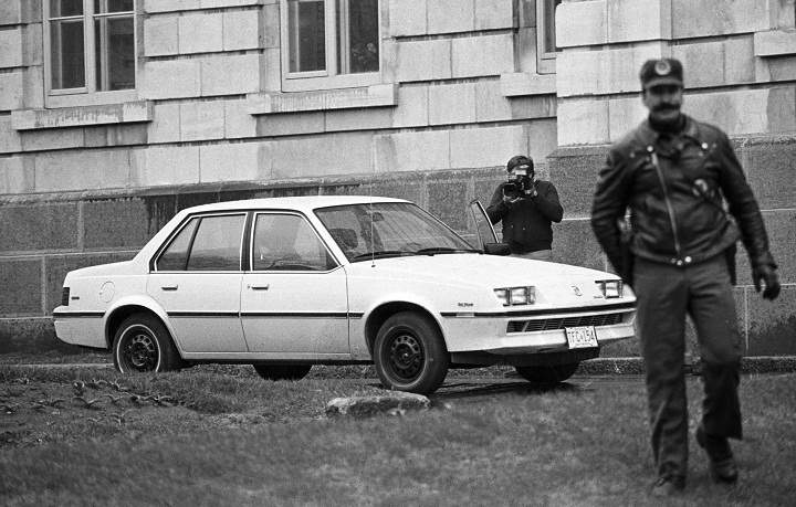 The car used by Denis Lortie and left outside the National Assembly stands idle during the hostage and shooting spree that left three people dead in Quebec City on May 8, 1984.