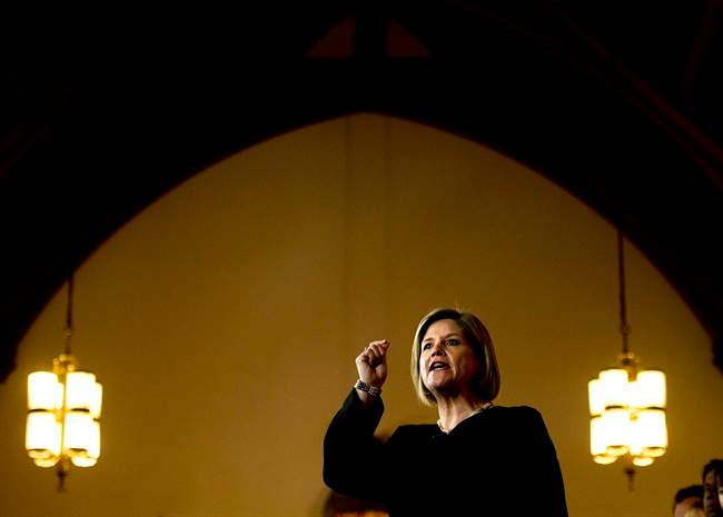 Ontario NDP leader Andrea Horwath delivers her campaign platform during a campaign stop in Toronto on Thursday, May 22, 2014. 