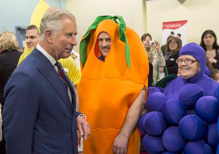 Prince Charles chats with people dressed up as fruits and vegetable while touring a military family centre Monday, May 19, 2014 in Halifax. The Royal couple are on a four-day tour of Canada.