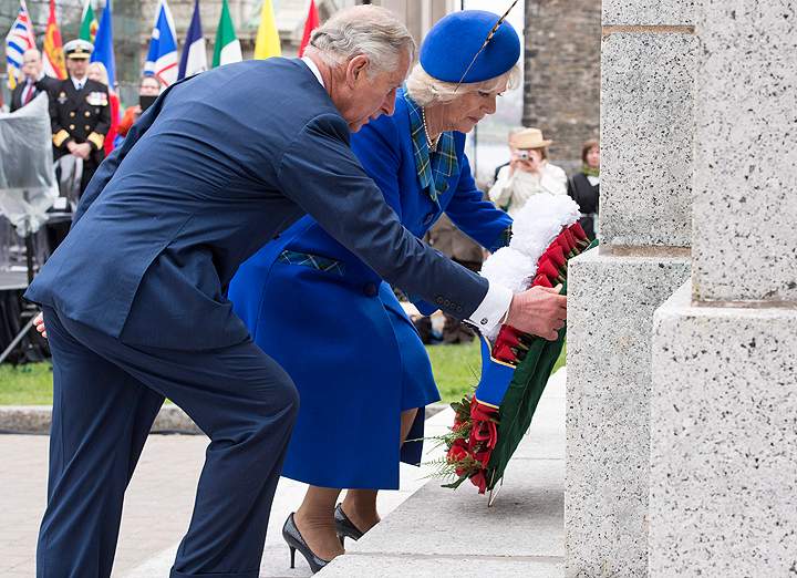 Prince Charles and his wife Camilla lay a wreath during welcoming ceremonies Monday, May 19, 2014 in Halifax. The Royal couple are on a four-day tour of Canada.