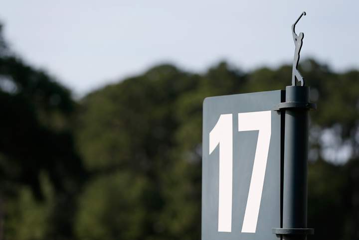 A tee sign is seen on the 17th hole during the first round of THE PLAYERS Championship on The Stadium Course at TPC Sawgrass on May 8, 2014 in Ponte Vedra Beach, Florida.