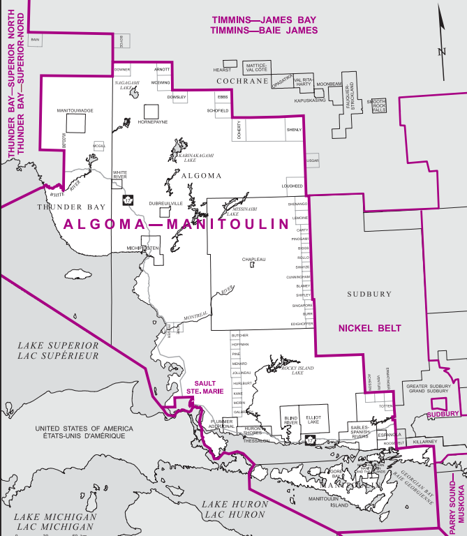Spanning the eastern half of Lake Superior, Algoma-Manitoulin broadly comprises the southern area of Ontario between Thunder Bay and Sudbury, excluding Sault Ste. Marie. It encompasses a number of small towns and hamlets, with Elliot Lake being the largest.