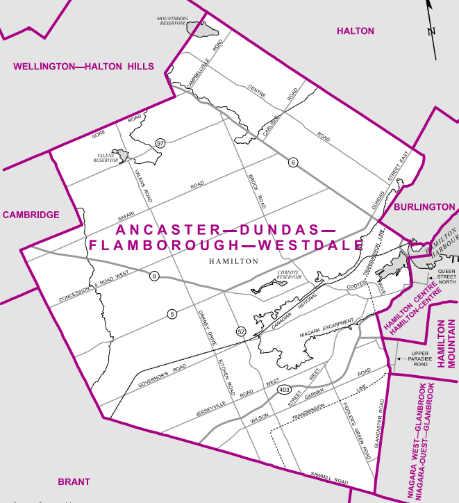 A riding bridging the GTA and Hamilton, Ancaster-Dundas-Flamborough-Westdale comprises the suburban communities of Ancaster and Dundas and the vast rural parts of Hamilton west of Glancaster Road.