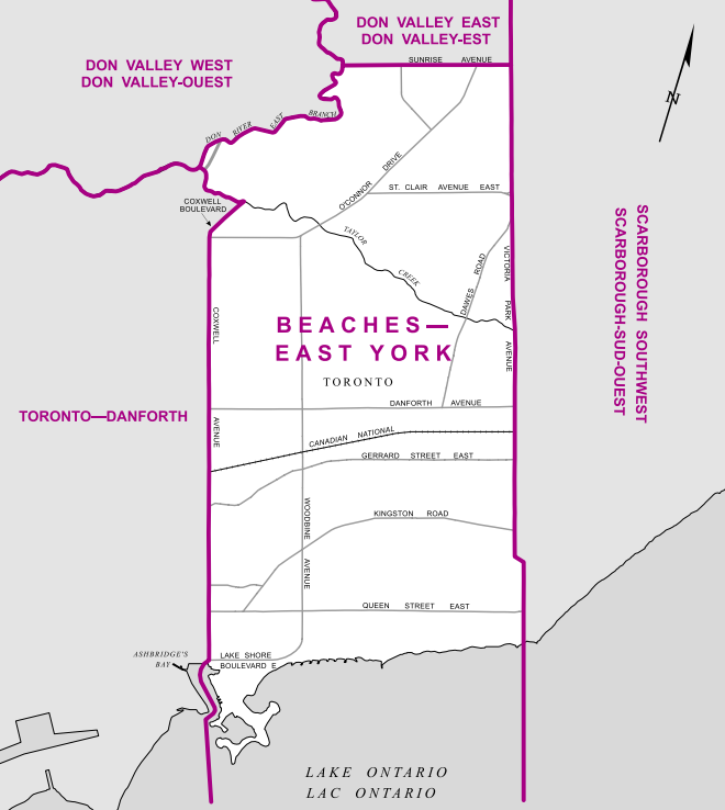 Hugging Lake Ontario, Beaches-East York is bordered by Coxwell Avenue to the west and Victoria Park Avenue to the east, stretching up to Sunrise Avenue.