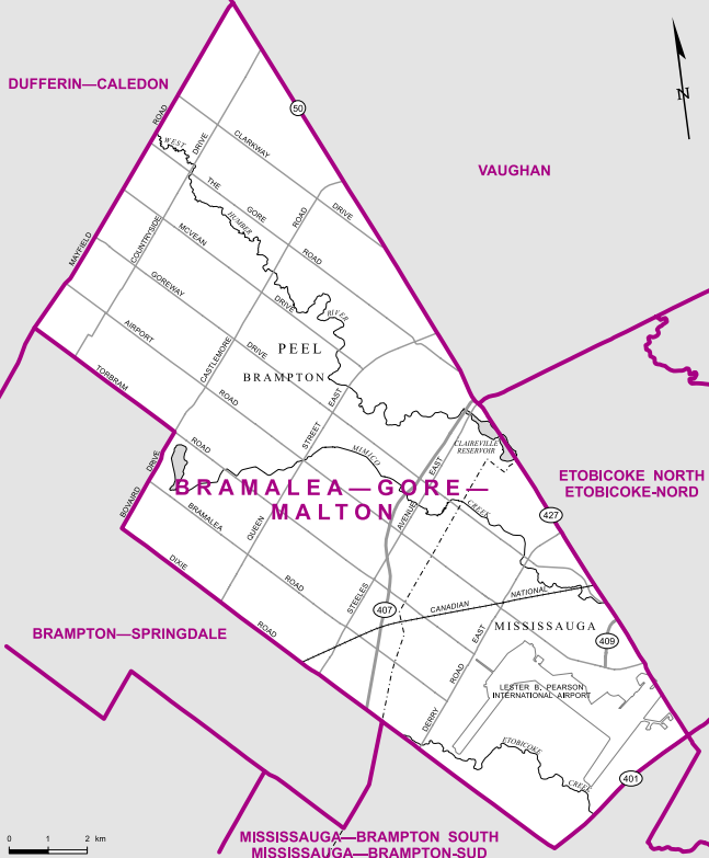 A sprawling seat in northeast Peel, Bramalea-Gore-Malton comprises a number of suburb communities in Brampton and Mississauga, along with Pearson Airport, the Claireville Conservation Area and a number of industrial parks.
