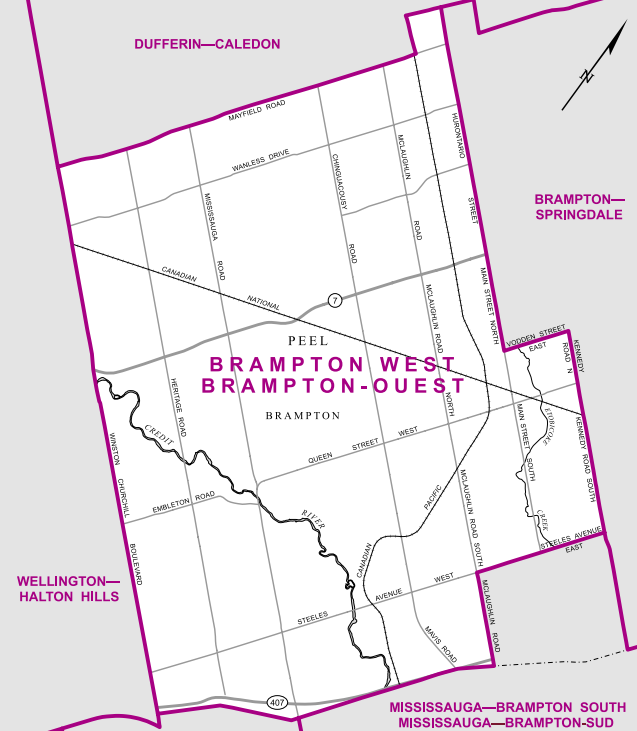 Located (as the name suggests) in west Brampton, this riding contains virtually all of Brampton west of Kennedy Road. The 2011 census recorded it as the second-largest riding, by population, in Ontario, with a population of 204,146 – which means this could be the last time the riding is contested under its current boundaries.