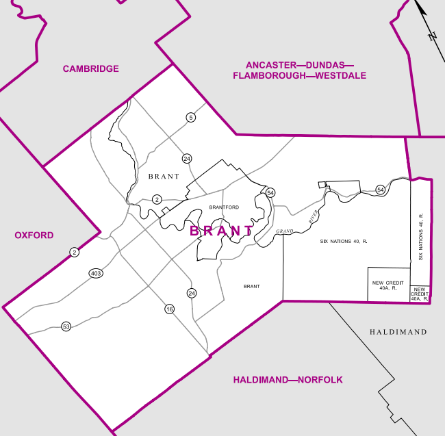 Comprising the town of Brantford and the county of Brant surrounding it, this mixed urban-rural riding includes the Six Nations and New Credit reserves.