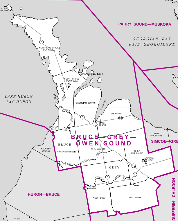 With all of Grey Country and most of Bruce, this large rural riding extends from the Bruce Peninsula south to the Grey Highlands. The largest population centre in the riding is Owen Sound with just over 20,000 people.