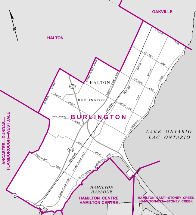 Bridging Oakville and Hamilton, the district consists of the southern half of Burlington.