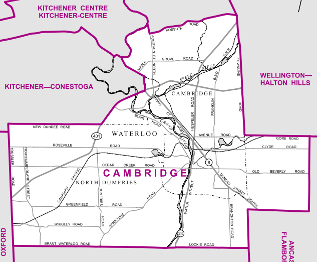 An urban-rural riding south of Waterloo-Kitchener, the riding consists of the city of Cambridge and the township of North Dumfries.