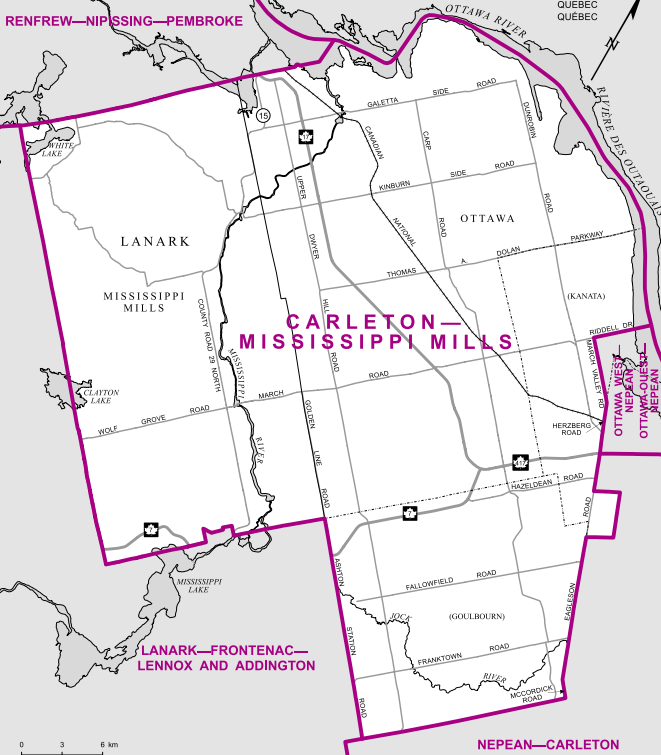 A rural-suburban riding on the outskirts of Ottawa, Carleton-Mississippi Mills goes as far west as Clayton and as far east as Kanata. The latter is the largest population centre in the riding with 149,769 people.